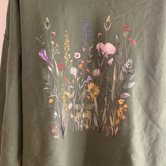 Gildan XL Olive Green Wildflower Graphic Sweatshirt Crew Neck Pullover - Picture 5 of 9
